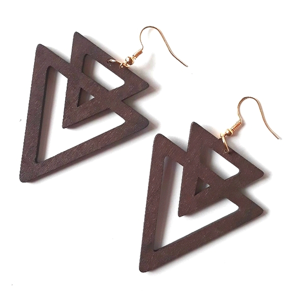 *2 for $15* Dark Triangle Wood Drop Earrings - Picture 1 of 6